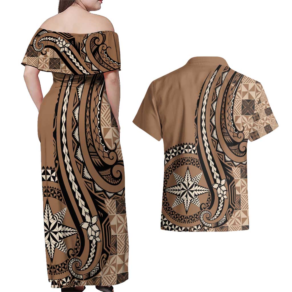 Personalized Tonga Ngatu Couples Matching Off Shoulder Maxi Dress and Hawaiian Shirt Vintage Brown Manulua Motifs LT7 - Polynesian Pride