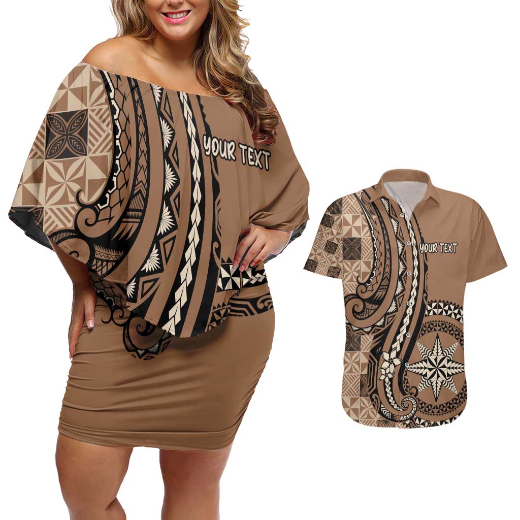 Personalized Tonga Ngatu Couples Matching Off Shoulder Short Dress and Hawaiian Shirt Vintage Brown Manulua Motifs LT7 Brown - Polynesian Pride
