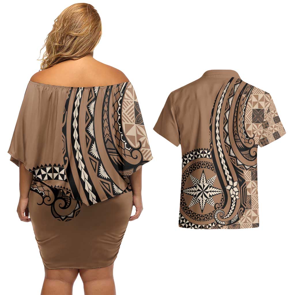 Personalized Tonga Ngatu Couples Matching Off Shoulder Short Dress and Hawaiian Shirt Vintage Brown Manulua Motifs LT7 - Polynesian Pride