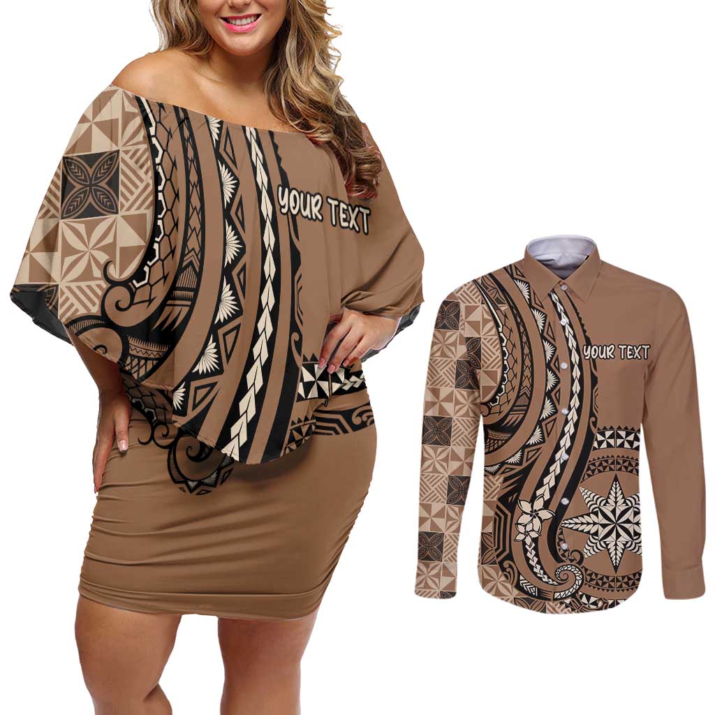 Personalized Tonga Ngatu Couples Matching Off Shoulder Short Dress and Long Sleeve Button Shirt Vintage Brown Manulua Motifs LT7 Brown - Polynesian Pride