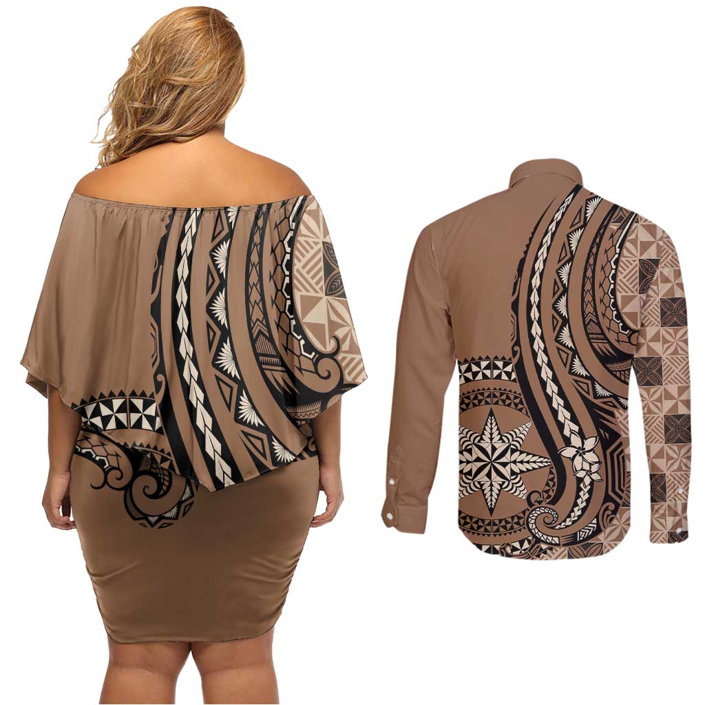 Personalized Tonga Ngatu Couples Matching Off Shoulder Short Dress and Long Sleeve Button Shirt Vintage Brown Manulua Motifs LT7 - Polynesian Pride