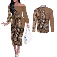 Personalized Tonga Ngatu Couples Matching Off The Shoulder Long Sleeve Dress and Long Sleeve Button Shirt Vintage Brown Manulua Motifs LT7 Brown - Polynesian Pride