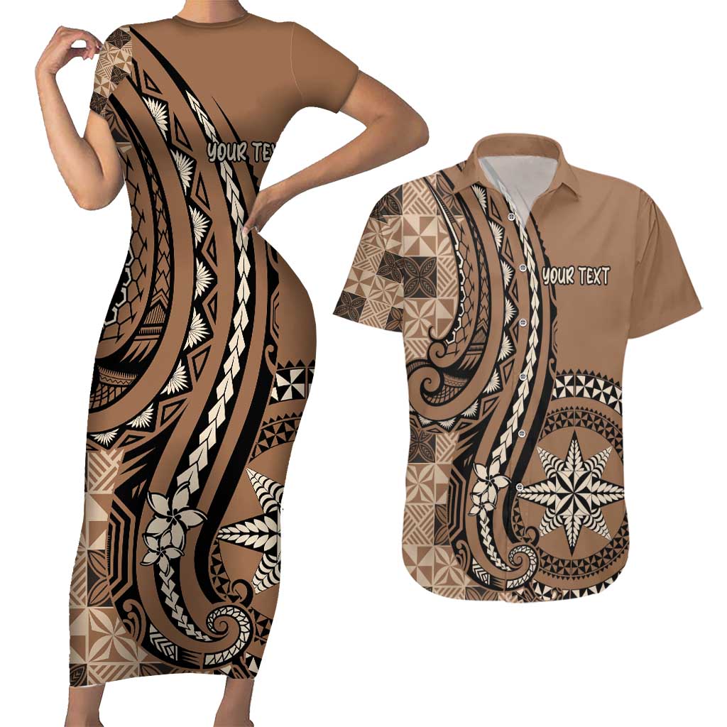 Personalized Tonga Ngatu Couples Matching Short Sleeve Bodycon Dress and Hawaiian Shirt Vintage Brown Manulua Motifs LT7 Brown - Polynesian Pride