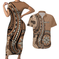 Personalized Tonga Ngatu Couples Matching Short Sleeve Bodycon Dress and Hawaiian Shirt Vintage Brown Manulua Motifs LT7 Brown - Polynesian Pride