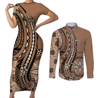 Personalized Tonga Ngatu Couples Matching Short Sleeve Bodycon Dress and Long Sleeve Button Shirt Vintage Brown Manulua Motifs LT7 Brown - Polynesian Pride