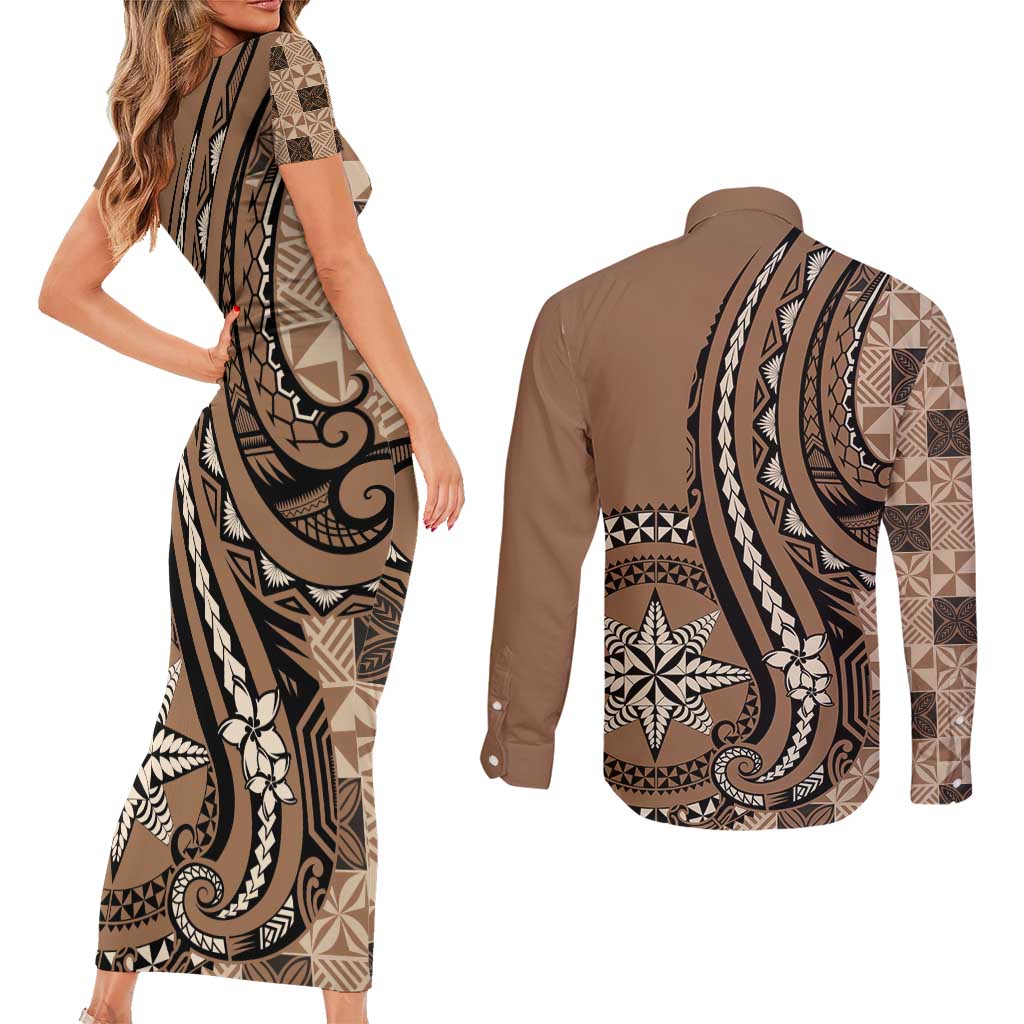 Personalized Tonga Ngatu Couples Matching Short Sleeve Bodycon Dress and Long Sleeve Button Shirt Vintage Brown Manulua Motifs LT7 - Polynesian Pride