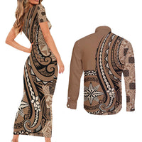 Personalized Tonga Ngatu Couples Matching Short Sleeve Bodycon Dress and Long Sleeve Button Shirt Vintage Brown Manulua Motifs LT7 - Polynesian Pride