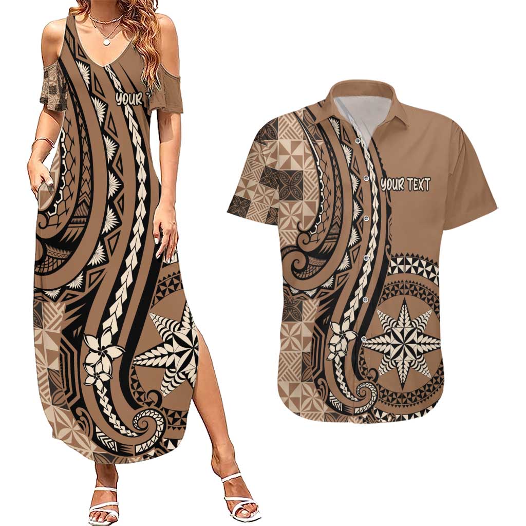 Personalized Tonga Ngatu Couples Matching Summer Maxi Dress and Hawaiian Shirt Vintage Brown Manulua Motifs LT7 Brown - Polynesian Pride