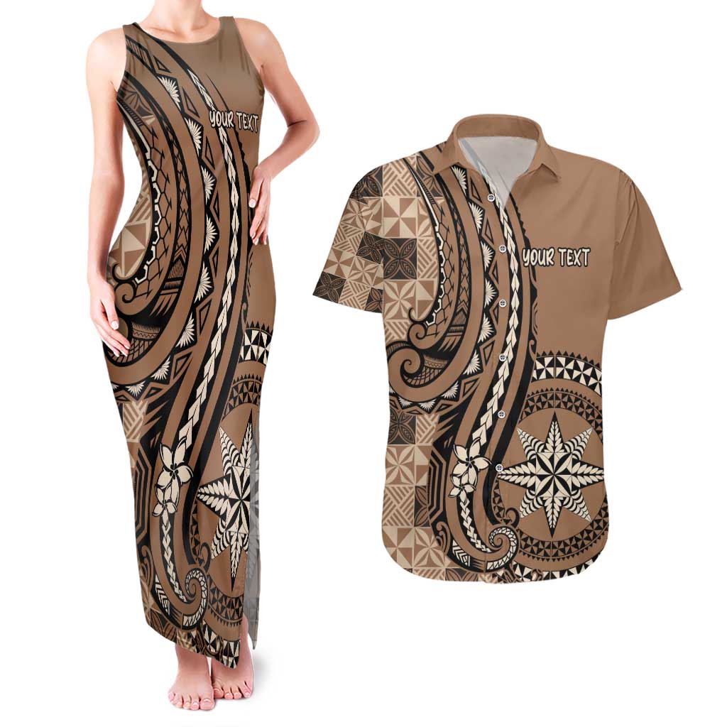 Personalized Tonga Ngatu Couples Matching Tank Maxi Dress and Hawaiian Shirt Vintage Brown Manulua Motifs LT7 Brown - Polynesian Pride