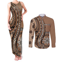 Personalized Tonga Ngatu Couples Matching Tank Maxi Dress and Long Sleeve Button Shirt Vintage Brown Manulua Motifs LT7 Brown - Polynesian Pride