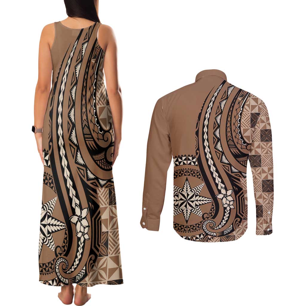 Personalized Tonga Ngatu Couples Matching Tank Maxi Dress and Long Sleeve Button Shirt Vintage Brown Manulua Motifs LT7 - Polynesian Pride
