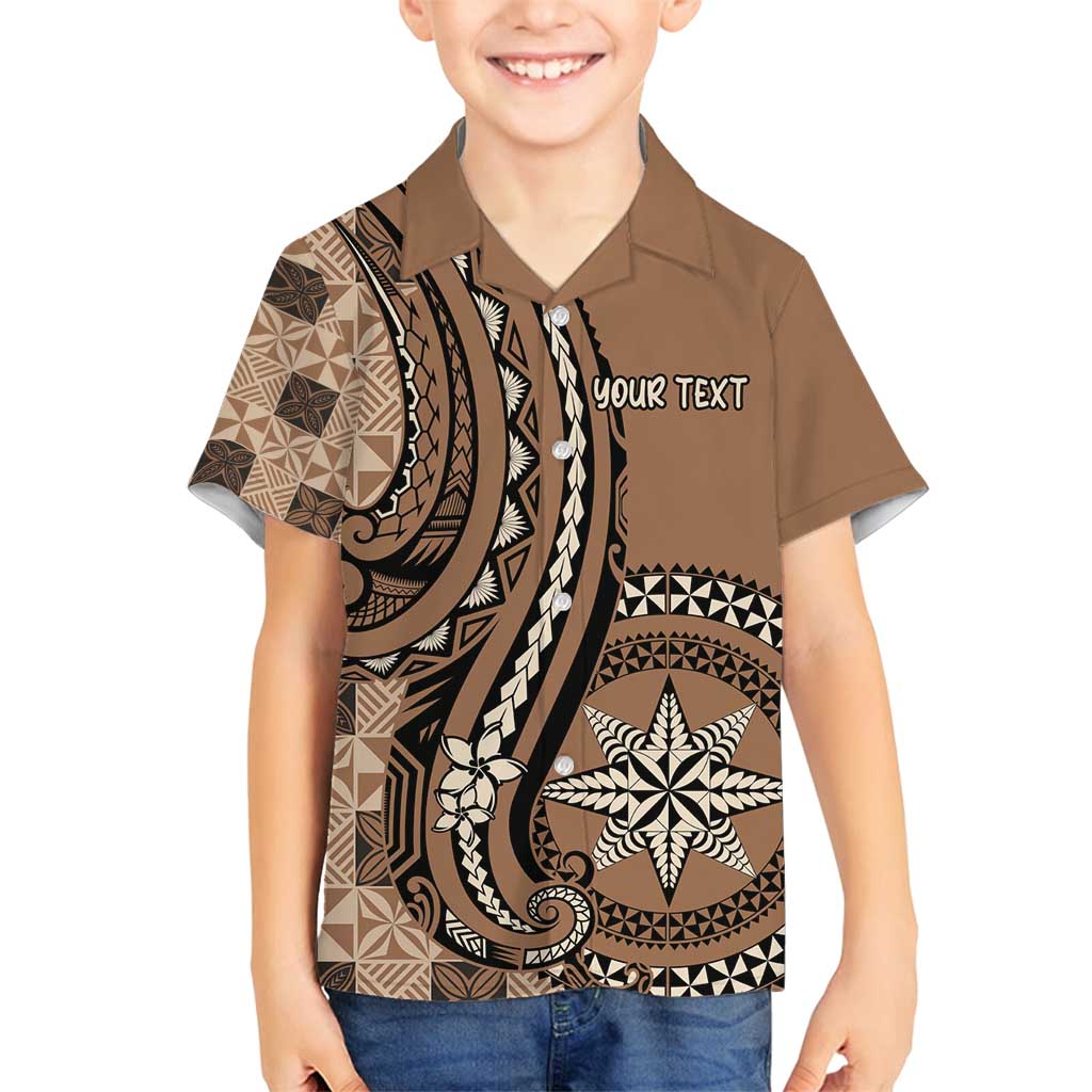 Personalized Tonga Ngatu Family Matching Long Sleeve Bodycon Dress and Hawaiian Shirt Vintage Brown Manulua Motifs LT7 Son's Shirt Brown - Polynesian Pride