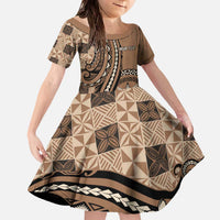 Personalized Tonga Ngatu Family Matching Off The Shoulder Long Sleeve Dress and Hawaiian Shirt Vintage Brown Manulua Motifs LT7 Daughter's Dress Brown - Polynesian Pride