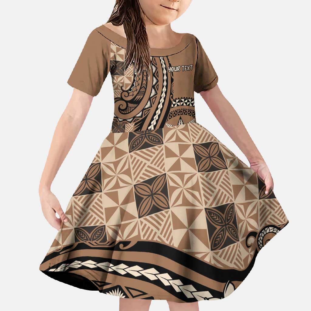 Personalized Tonga Ngatu Family Matching Off Shoulder Maxi Dress and Hawaiian Shirt Vintage Brown Manulua Motifs LT7 Daughter's Dress Brown - Polynesian Pride