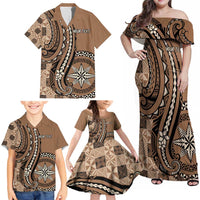 Personalized Tonga Ngatu Family Matching Off Shoulder Maxi Dress and Hawaiian Shirt Vintage Brown Manulua Motifs LT7 - Polynesian Pride