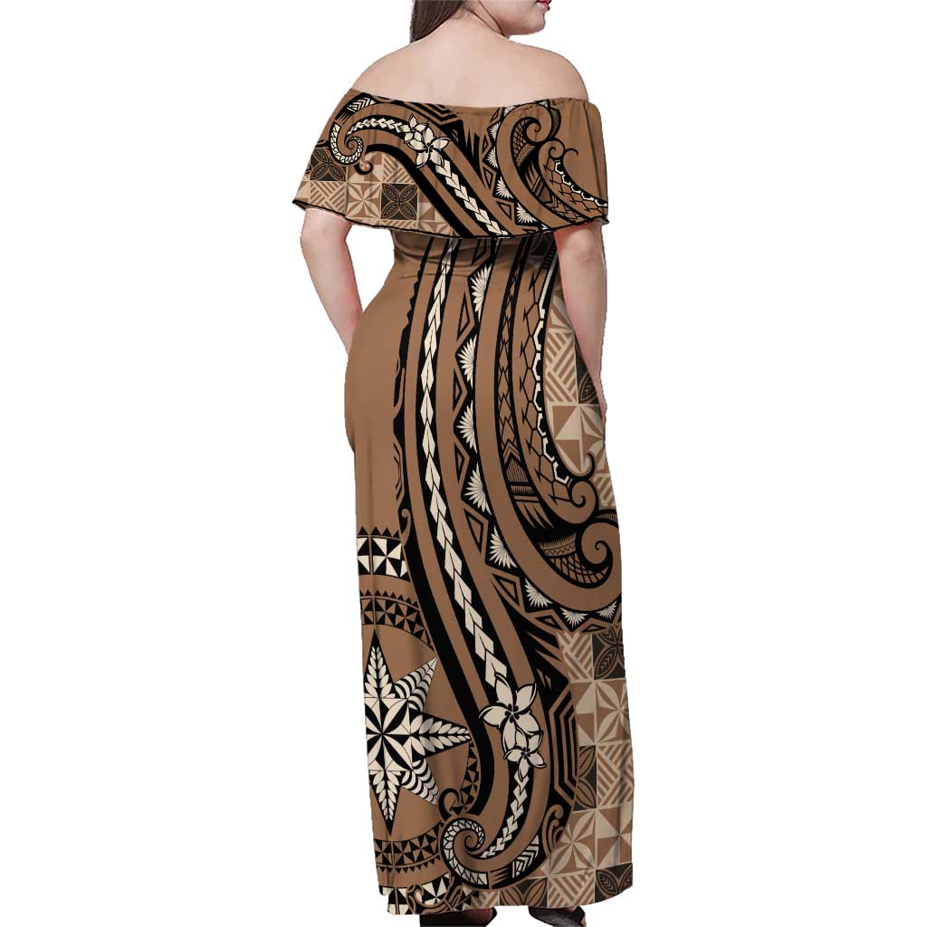 Personalized Tonga Ngatu Family Matching Off Shoulder Maxi Dress and Hawaiian Shirt Vintage Brown Manulua Motifs LT7 - Polynesian Pride