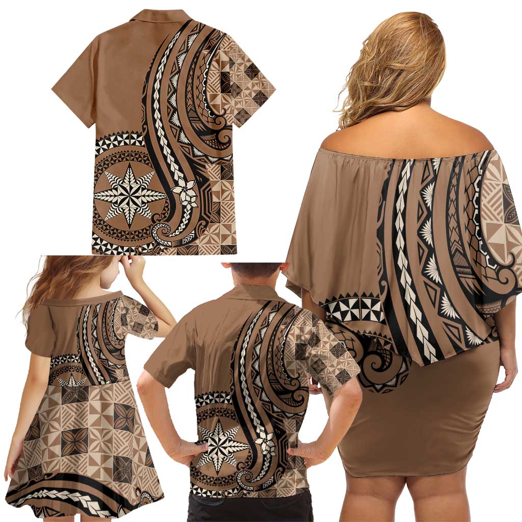 Personalized Tonga Ngatu Family Matching Off Shoulder Short Dress and Hawaiian Shirt Vintage Brown Manulua Motifs LT7 - Polynesian Pride