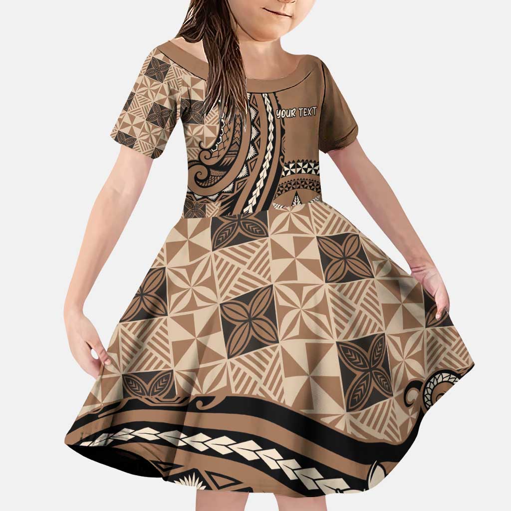 Personalized Tonga Ngatu Family Matching Puletasi and Hawaiian Shirt Vintage Brown Manulua Motifs LT7 Daughter's Dress Brown - Polynesian Pride