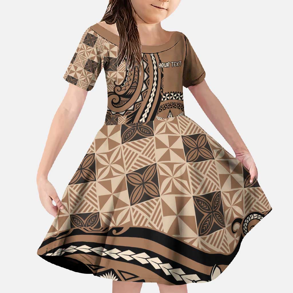Personalized Tonga Ngatu Family Matching Short Sleeve Bodycon Dress and Hawaiian Shirt Vintage Brown Manulua Motifs LT7 Daughter's Dress Brown - Polynesian Pride