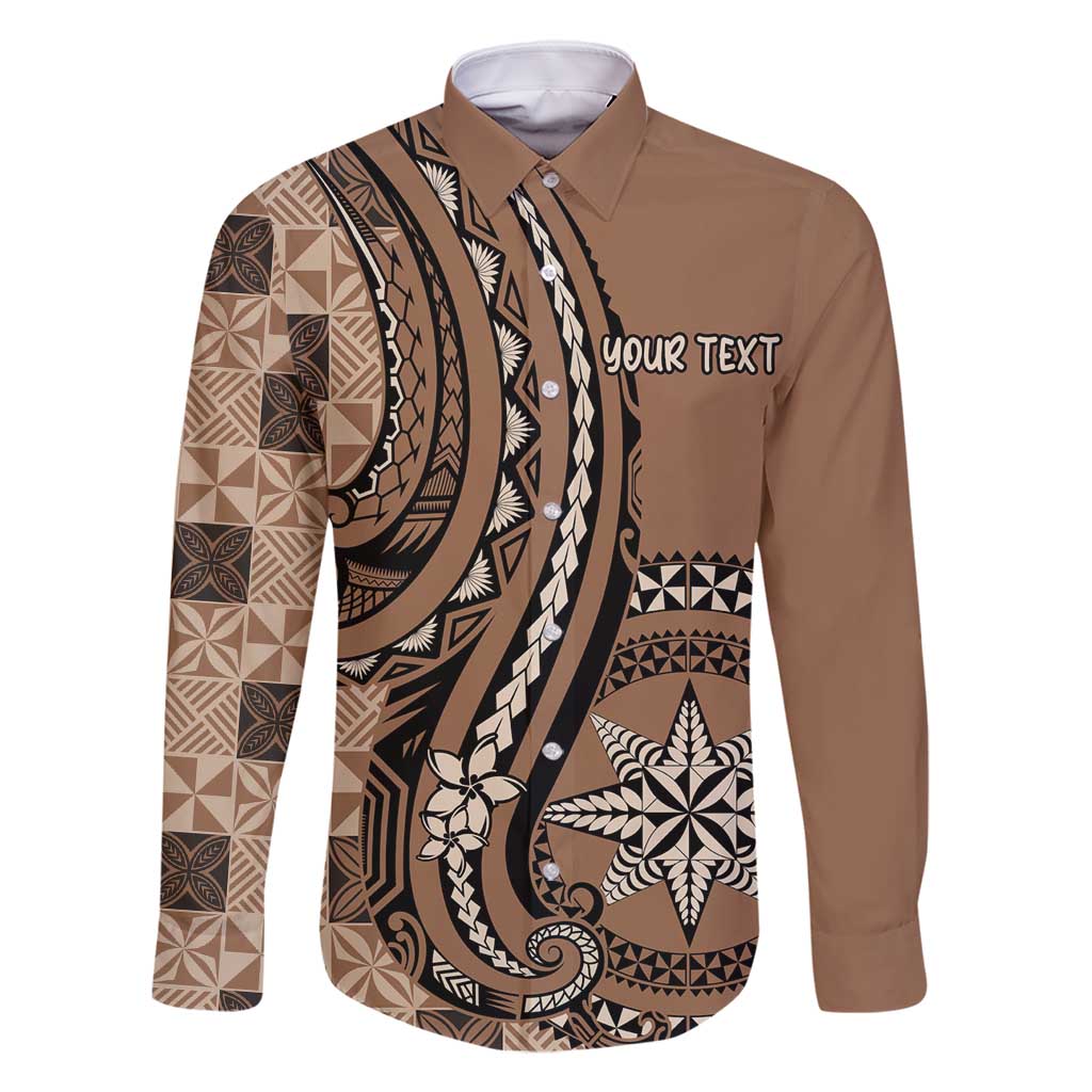 Personalized Tonga Ngatu Family Matching Summer Maxi Dress and Hawaiian Shirt Vintage Brown Manulua Motifs LT7 Dad's Shirt - Long Sleeve Brown - Polynesian Pride