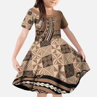Personalized Tonga Ngatu Family Matching Tank Maxi Dress and Hawaiian Shirt Vintage Brown Manulua Motifs LT7 Daughter's Dress Brown - Polynesian Pride