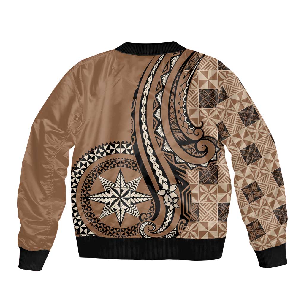 Personalized Tonga Ngatu Sleeve Zip Bomber Jacket Vintage Brown Manulua Motifs LT7 - Polynesian Pride