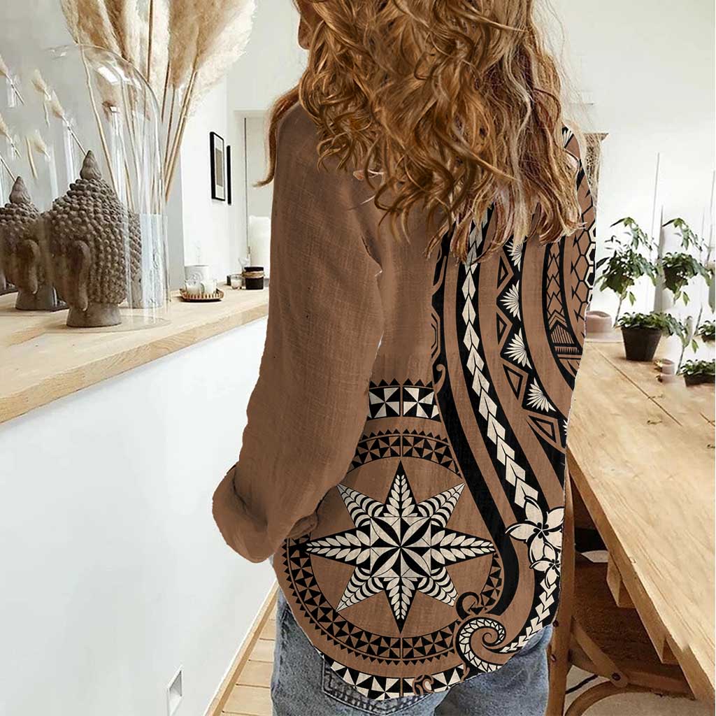 Personalized Tonga Ngatu Women Casual Shirt Vintage Brown Manulua Motifs LT7 - Polynesian Pride