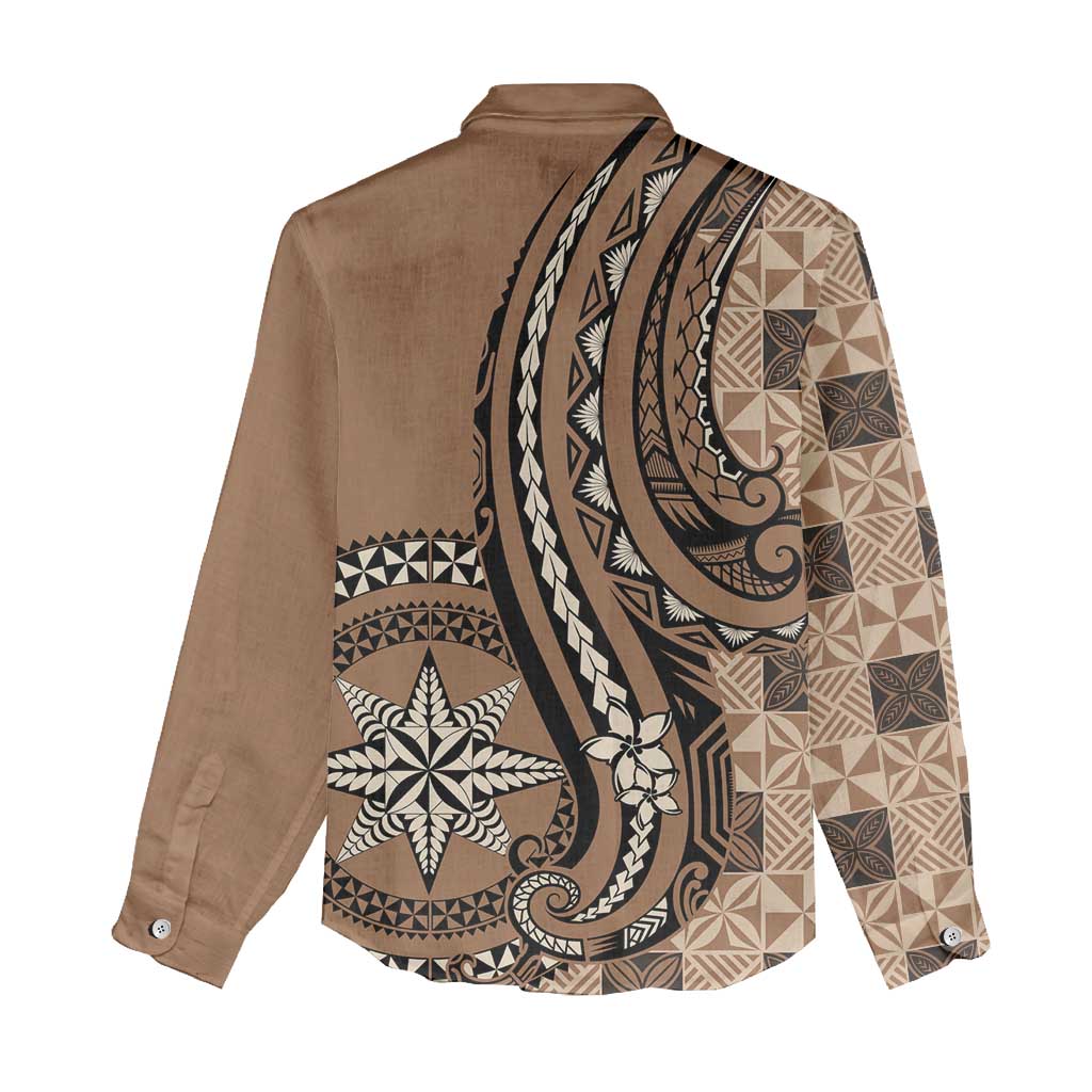 Personalized Tonga Ngatu Women Casual Shirt Vintage Brown Manulua Motifs LT7 - Polynesian Pride