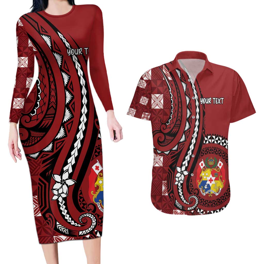 Personalized Tonga Ngatu Couples Matching Long Sleeve Bodycon Dress and Hawaiian Shirt Iconic Red Manulua Motifs LT7 Red - Polynesian Pride