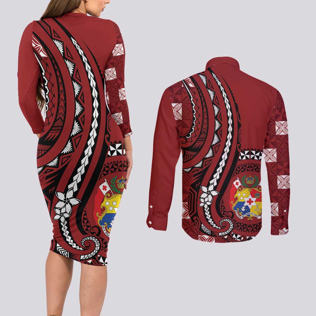 Personalized Tonga Ngatu Couples Matching Long Sleeve Bodycon Dress and Long Sleeve Button Shirt Iconic Red Manulua Motifs LT7 - Polynesian Pride
