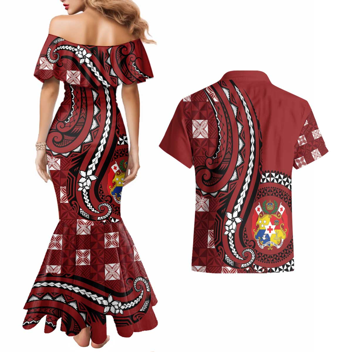 Personalized Tonga Ngatu Couples Matching Mermaid Dress and Hawaiian Shirt Iconic Red Manulua Motifs LT7 - Polynesian Pride