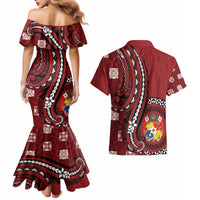 Personalized Tonga Ngatu Couples Matching Mermaid Dress and Hawaiian Shirt Iconic Red Manulua Motifs LT7 - Polynesian Pride