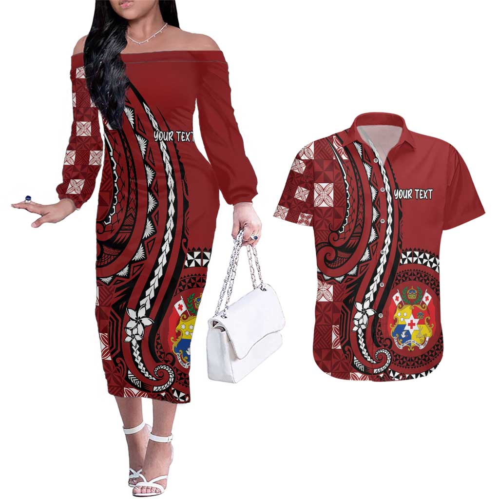 Personalized Tonga Ngatu Couples Matching Off The Shoulder Long Sleeve Dress and Hawaiian Shirt Iconic Red Manulua Motifs LT7 Red - Polynesian Pride