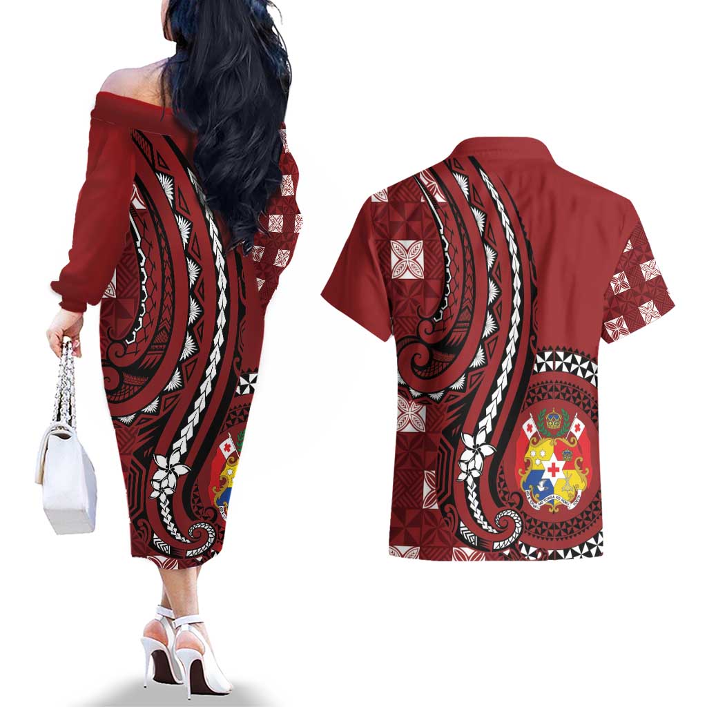 Personalized Tonga Ngatu Couples Matching Off The Shoulder Long Sleeve Dress and Hawaiian Shirt Iconic Red Manulua Motifs LT7 - Polynesian Pride