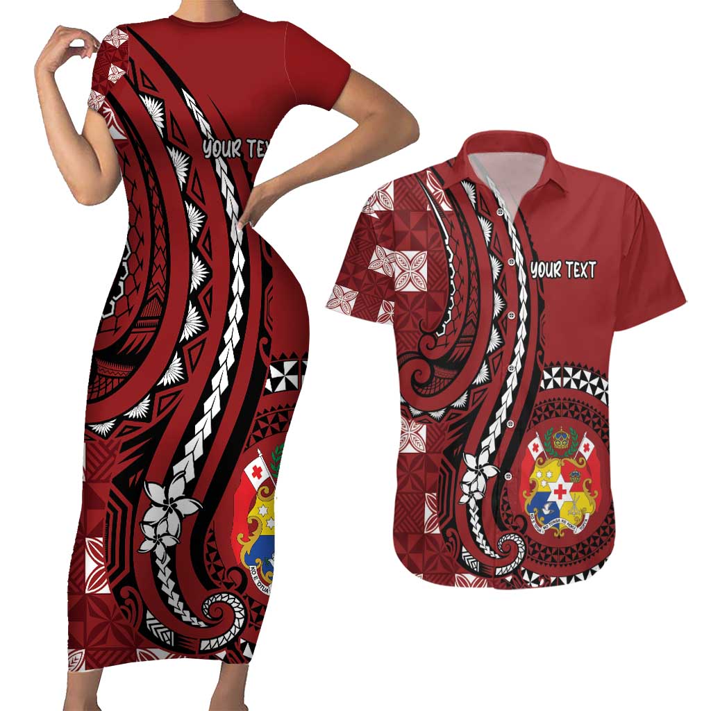 Personalized Tonga Ngatu Couples Matching Short Sleeve Bodycon Dress and Hawaiian Shirt Iconic Red Manulua Motifs LT7 Red - Polynesian Pride