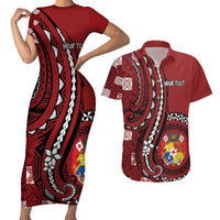 Personalized Tonga Ngatu Couples Matching Short Sleeve Bodycon Dress and Hawaiian Shirt Iconic Red Manulua Motifs LT7 Red - Polynesian Pride