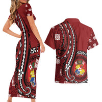 Personalized Tonga Ngatu Couples Matching Short Sleeve Bodycon Dress and Hawaiian Shirt Iconic Red Manulua Motifs LT7 - Polynesian Pride