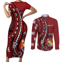 Personalized Tonga Ngatu Couples Matching Short Sleeve Bodycon Dress and Long Sleeve Button Shirt Iconic Red Manulua Motifs LT7 Red - Polynesian Pride