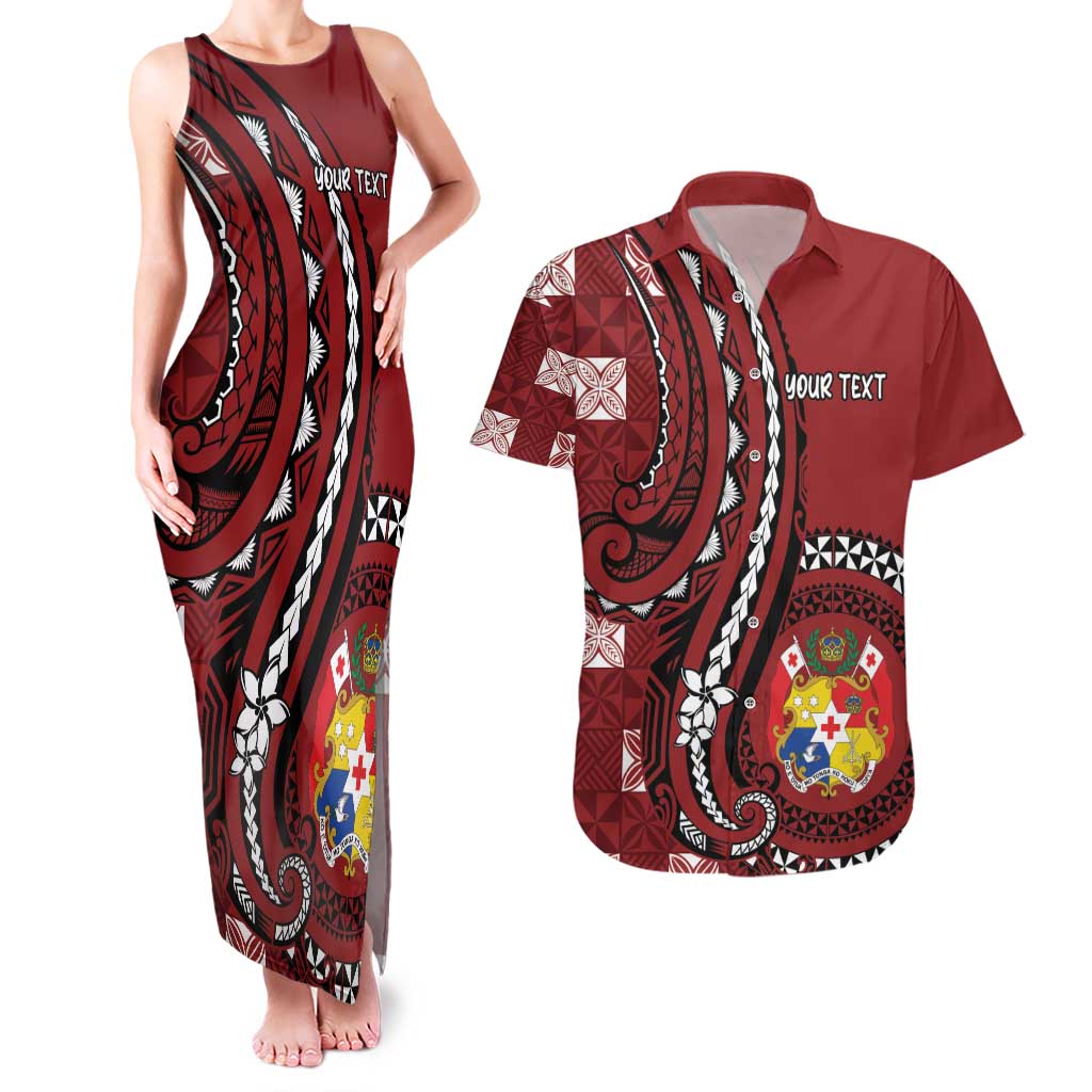 Personalized Tonga Ngatu Couples Matching Tank Maxi Dress and Hawaiian Shirt Iconic Red Manulua Motifs LT7 Red - Polynesian Pride