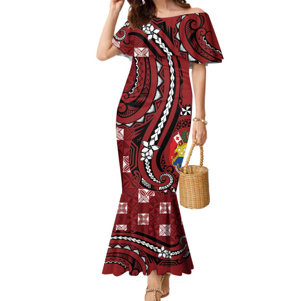 Personalized Tonga Ngatu Family Matching Mermaid Dress and Hawaiian Shirt Iconic Red Manulua Motifs LT7 Mom's Dress Red - Polynesian Pride