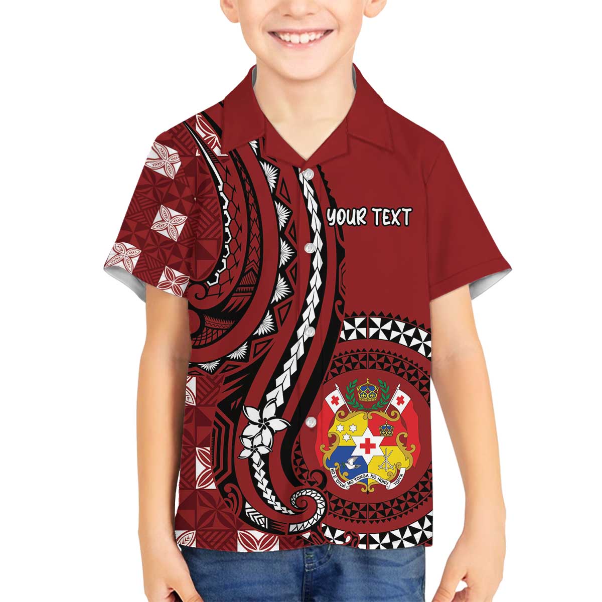 Personalized Tonga Ngatu Family Matching Off The Shoulder Long Sleeve Dress and Hawaiian Shirt Iconic Red Manulua Motifs LT7 Son's Shirt Red - Polynesian Pride