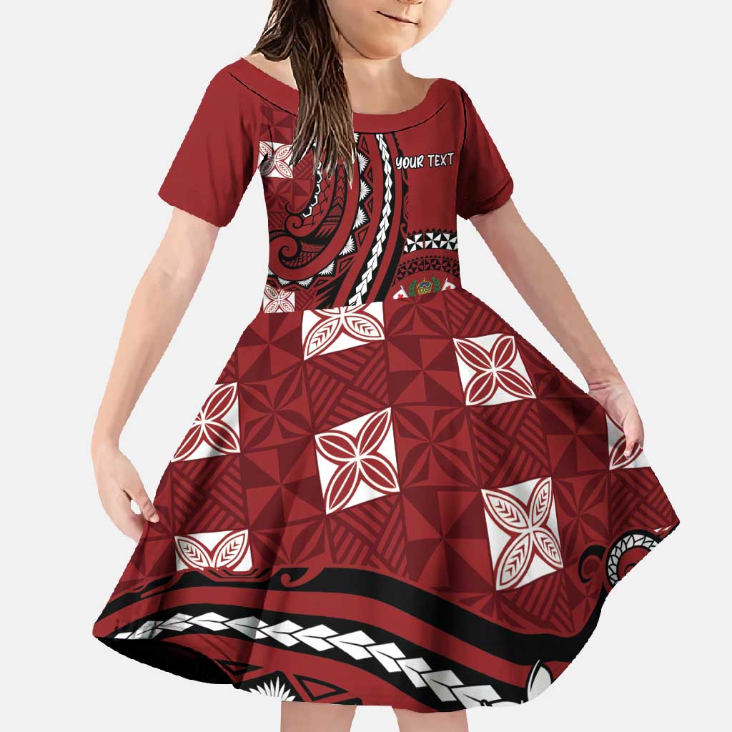 Personalized Tonga Ngatu Family Matching Off Shoulder Maxi Dress and Hawaiian Shirt Iconic Red Manulua Motifs LT7 Daughter's Dress Red - Polynesian Pride