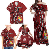 Personalized Tonga Ngatu Family Matching Off Shoulder Maxi Dress and Hawaiian Shirt Iconic Red Manulua Motifs LT7 - Polynesian Pride