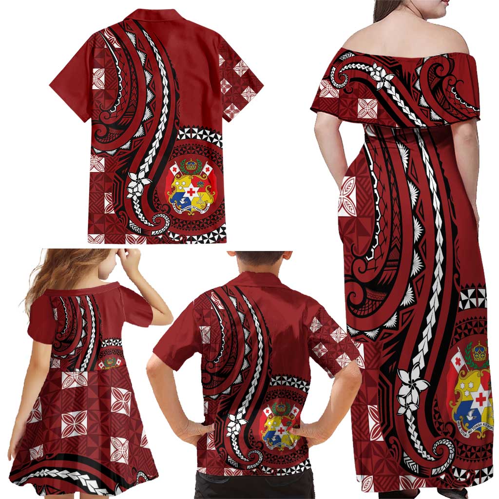 Personalized Tonga Ngatu Family Matching Off Shoulder Maxi Dress and Hawaiian Shirt Iconic Red Manulua Motifs LT7 - Polynesian Pride