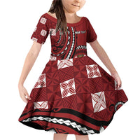 Personalized Tonga Ngatu Family Matching Off Shoulder Short Dress and Hawaiian Shirt Iconic Red Manulua Motifs LT7 Daughter's Dress Red - Polynesian Pride