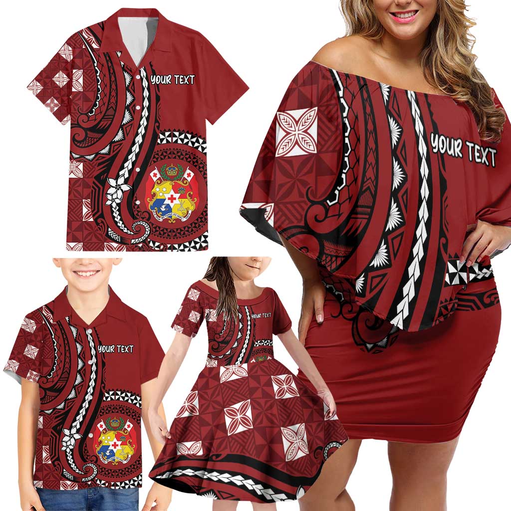 Personalized Tonga Ngatu Family Matching Off Shoulder Short Dress and Hawaiian Shirt Iconic Red Manulua Motifs LT7 - Polynesian Pride