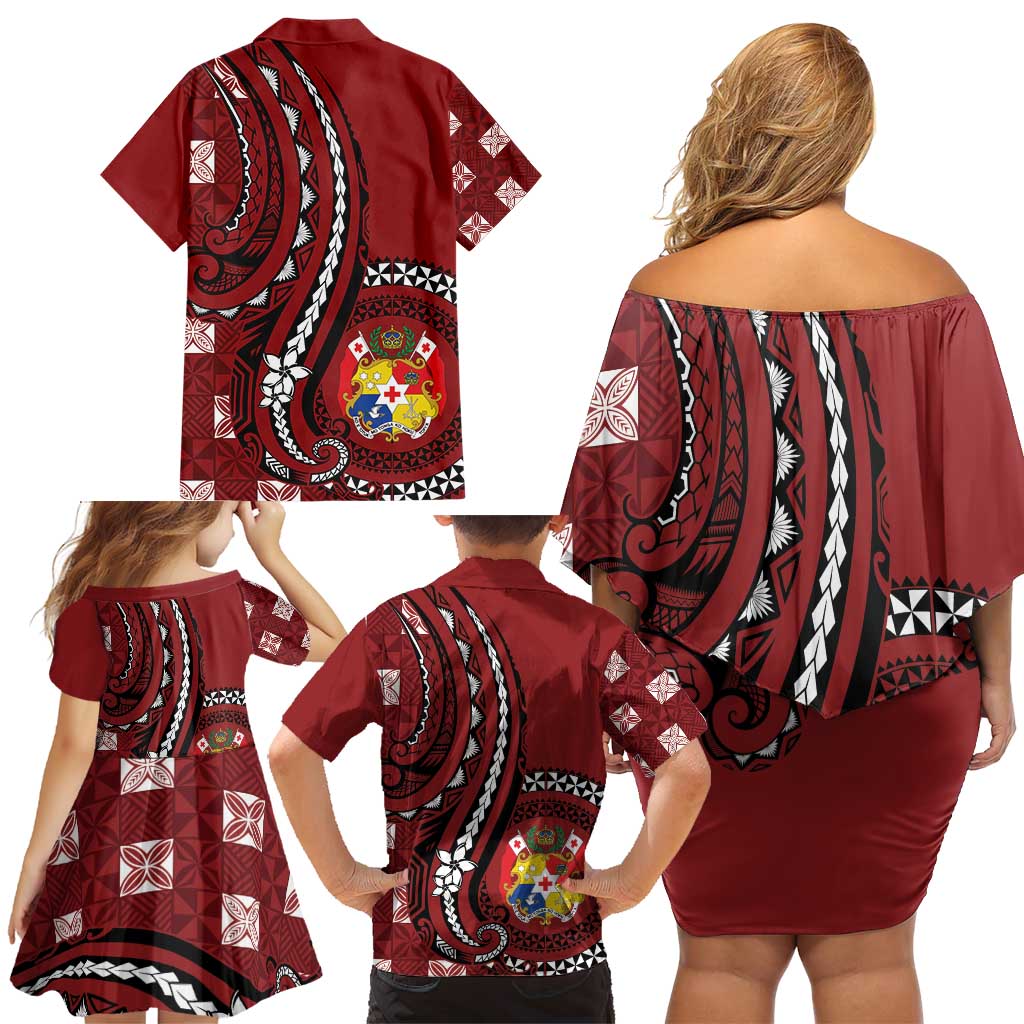 Personalized Tonga Ngatu Family Matching Off Shoulder Short Dress and Hawaiian Shirt Iconic Red Manulua Motifs LT7 - Polynesian Pride