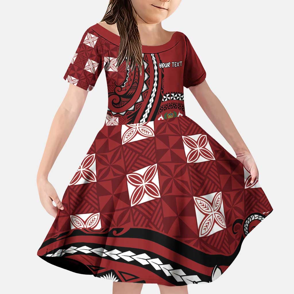 Personalized Tonga Ngatu Family Matching Puletasi and Hawaiian Shirt Iconic Red Manulua Motifs LT7 Daughter's Dress Red - Polynesian Pride
