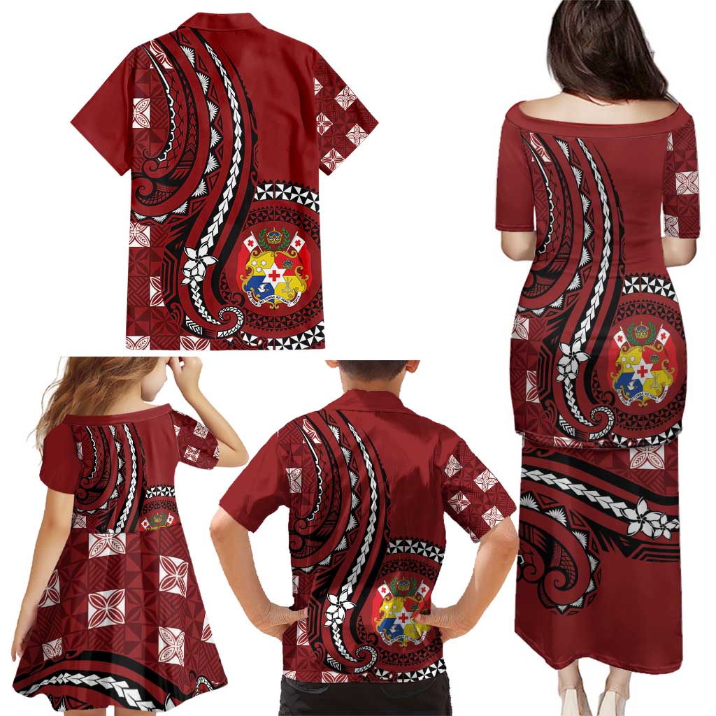Personalized Tonga Ngatu Family Matching Puletasi and Hawaiian Shirt Iconic Red Manulua Motifs LT7 - Polynesian Pride