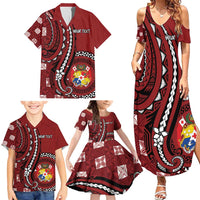 Personalized Tonga Ngatu Family Matching Summer Maxi Dress and Hawaiian Shirt Iconic Red Manulua Motifs LT7 - Polynesian Pride